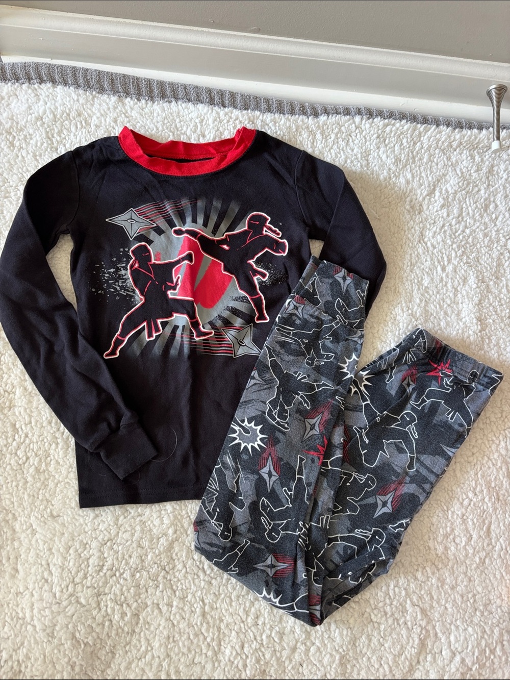 Pj place Boys Black & Red Ninja Pajama Set – Long Sleeve Top and Printed Pants